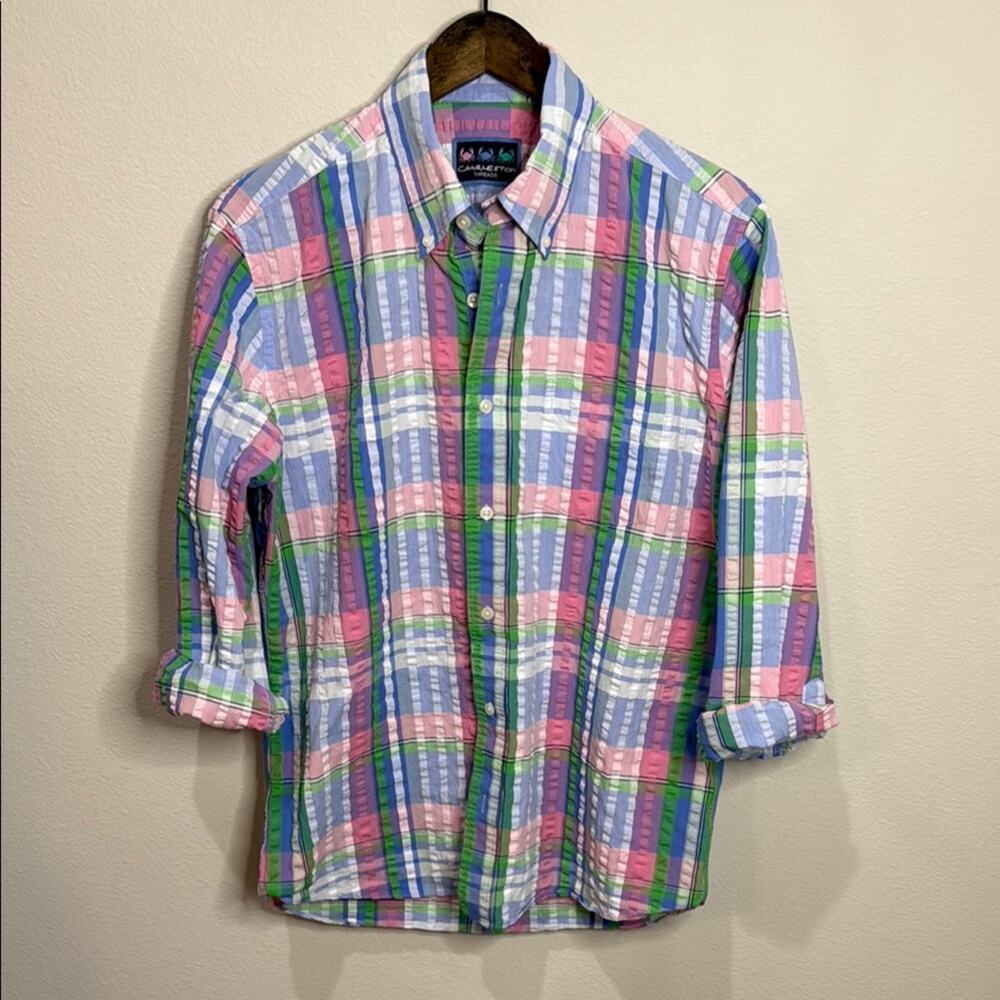 Charleston Threads Blue/Pink Plaid Seersucker Button Down Shirt Size M